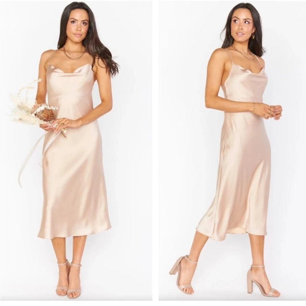 Show Me Your MuMu Satin Slip Midi Dress in Champagne Blush